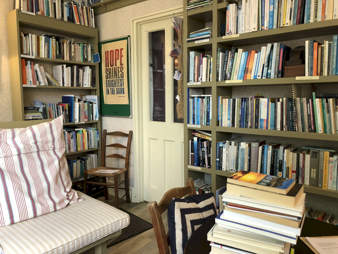 Inside the Quaker library with comfy chairs
